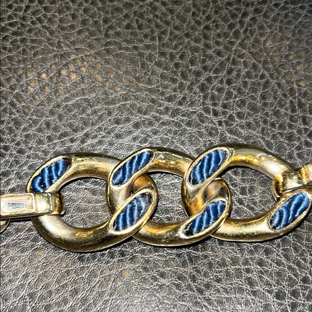 Anne Taylor Chunky Gold and Blue Fabric Chain Bracelet with two clear stones - Picture 4 of 6